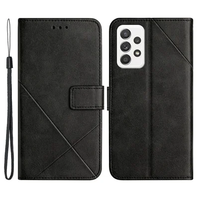 For Samsung Galaxy A53 5G Solid Color Imprinting Lines Stand Wallet PU Leather Cover Folio Flip Phone Case - Black
