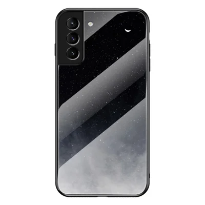 Tempered Glass + PC Back Panel + TPU Bumper Hybrid Phone Case Starry Sky Protective Cover for Samsung Galaxy S22+ 5G - Starry Crescent Moon