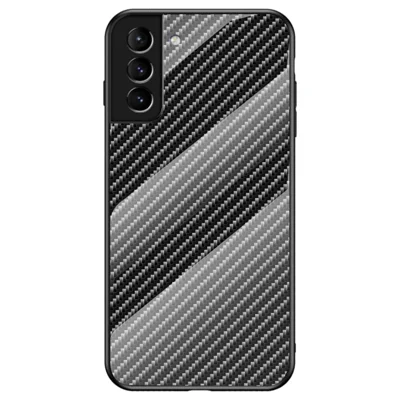 Carbon Fiber Texture Thin Light Tempered Glass Back Anti-Scratch PC+TPU Case Protective Cover for Samsung Galaxy S22 5G - Black