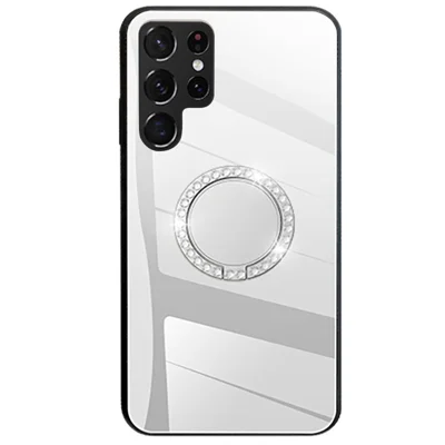 Skyddsfodral av hybridmaterial med TPU-ram och PC-bak med spegelyta, ring, ställfot i metall för Samsung Galaxy S22 Ultra 5G – Silver