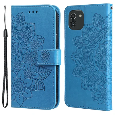 For Samsung Galaxy A03 (166.5mm) Case Floral Pattern PU Leather Wallet Stand Phone Cover - Blue