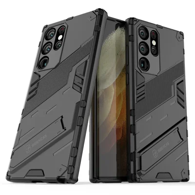 Shockproof TPU + PC Phone Back Cover Cellphone Case with Kickstand for Samsung Galaxy S22 Ultra 5G - Black