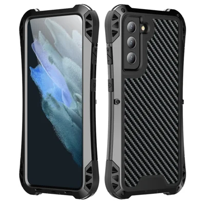 R-JUST AMIRA Carbon Fiber Texture Four Corner Airbag Full Protection Phone Case Shell for Samsung Galaxy S21 FE 5G - Black