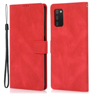 Stand PU Leather Wallet Case Magnetic Shockproof Cover with Wrist Strap for Samsung Galaxy A03s (164.2mm) - Red