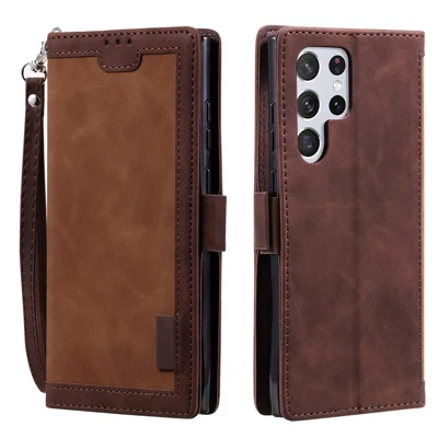 Stand Wallet Design Scratch-resistant Retro Style Color Splicing PU Leather Phone Case with Handy Strap for Samsung Galaxy S22 Ultra 5G - Brown