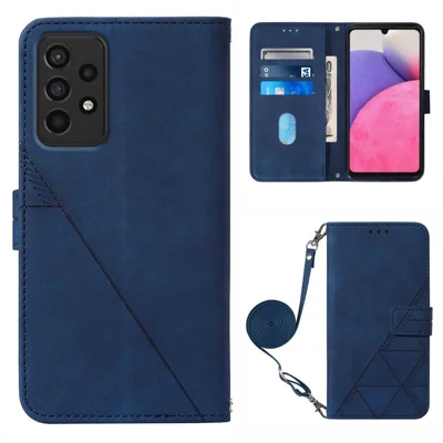 PB2-1 Series Lines Imprinting Magnetic Clasp Folio Flip PU Leather Stand Wallet Phone Cover Case with Shoulder Strap for Samsung Galaxy A33 5G - Sapphire
