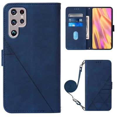 PB2-1 Series Imprinting Lines PU Leather Hands-free Stand Wallet Phone Cover Magnetic Clasp Case with Shoulder Strap for Samsung Galaxy S22 Ultra 5G - Sapphire