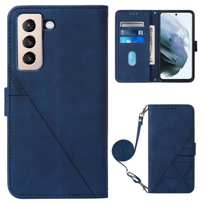 PB2-1 Series Overall Protective Imprinting Lines PU Leather Stand Wallet Phone Cover Magnetic Clasp Case with Shoulder Strap for Samsung Galaxy S22+ 5G - Sapphire