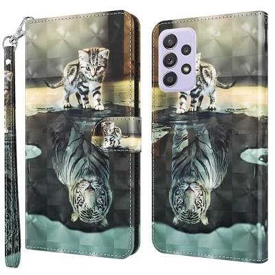 For Samsung Galaxy A13 4G 3D Pattern Printing Scratch-resistant Phone Case PU Leather Stand Phone Protector with Wallet Strap - Cat and Tiger