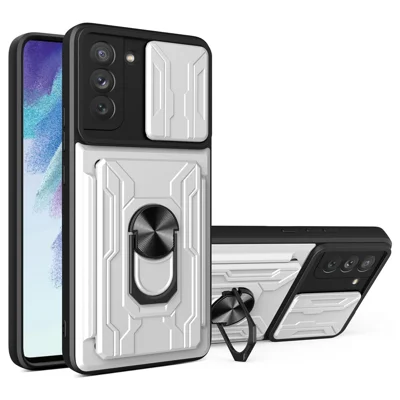 Camera Slide Cover Detachable Card Slot Design PC + TPU Hybrid Phone Case with Ring Kickstand for Samsung Galaxy S21 FE 5G - White