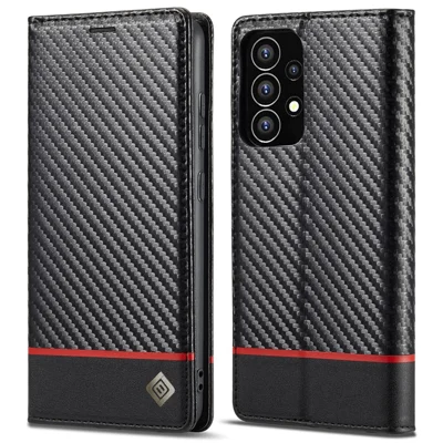 LC.IMEEKE Carbon Fiber Texture Magnetic Auto-absorbed PU Leather Phone Case Cover with Wallet Stand for Samsung Galaxy A53 5G - Horizontal Stripe
