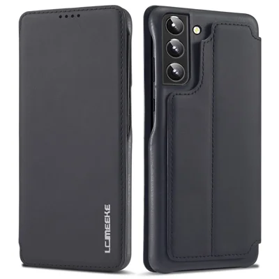 LC.IMEEKE Card Slot PU Leather + PC Full Protection Stand Phone Case Shell for Samsung Galaxy S22 5G - Black