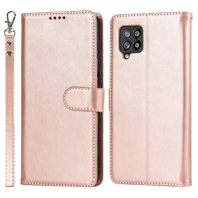 R61 Texture Felled Seam Wallet Stand PU Leather Case + Inner TPU Phone Cover Protector with Strap for Samsung Galaxy A12 - Rose Gold