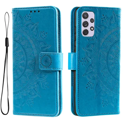 Imprinted Mandala Flower Stand Wallet Function PU Leather Phone Folio Flip Cover Case with Strap for Samsung Galaxy A73 5G - Blue