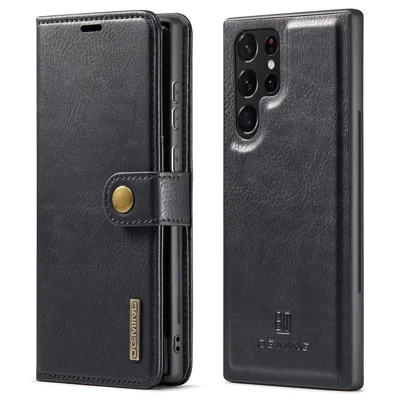 DG.MING Étui en cuir split pour Samsung Galaxy S22 Ultra 5G, housse portefeuille 2-en-1 amovible avec support - Noir