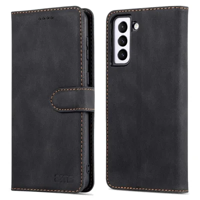 AZNS Mobile Phone Shell PU Leather Flip Wallet Case Stand Shockproof TPU Inner Phone Cover for Samsung Galaxy S21 FE 5G - Black