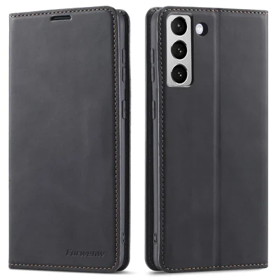 FORWENW Fantasy Series Skin-touch Feeling Magnetic Auto-absorbed PU Leather Case Wallet Stand Phone Cover for Samsung Galaxy S22 5G - Black