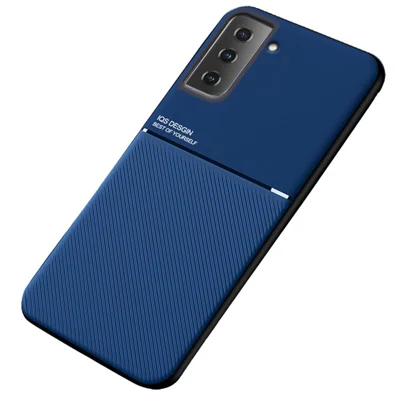 Car Mount Holder Metal Sheet Imprinting PU Leather + TPU Phone Case Shell for Samsung Galaxy S21+ 5G - Blue