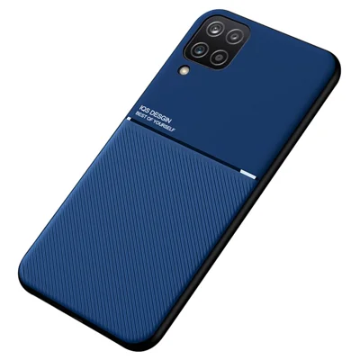 Textured Light Slim Phone Case TPU + PU Leather Anti-scratch Mobile Phone Cover with Built-in Magnetic Metal Sheet for Samsung Galaxy A12 - Blue