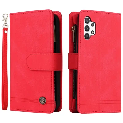 Stripes Ingedrukt Huid-aanraking Portemonnee Stand Lederen Cover met Tree Motief Hardware Kaartvakken Ritsvak Telefoonhoesje voor Samsung Galaxy A32 4G (EU-versie) - Rood