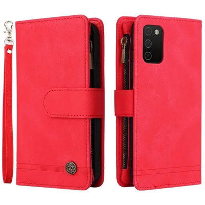Zipper Pocket Stripes Imprinted Leather Cover Wallet Stand Phone Case with Multiple Card Slots for Samsung Galaxy A03s (164.2mm) - Red