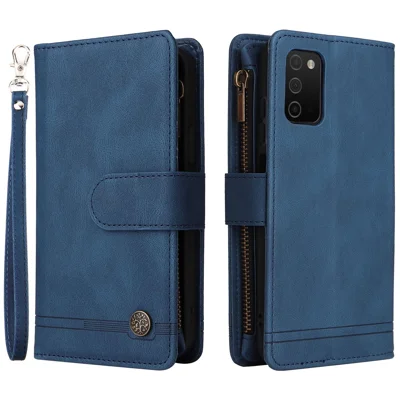 Imprinting Stripes Zipper Pocket Multiple Card Slots Leather Cover Phone Case with Stand Wallet for Samsung Galaxy A03s (166.5mm) - Blue