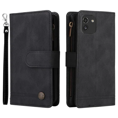 Imprinting Stripes Zipper Pocket Phone Case Multiple Card Slots Stand Leather Shell for Samsung Galaxy A03 (164.2mm) - Black