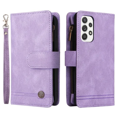 Stripes Imprinted Skin-touch PU Leather Flip Folio Stand Protective Cover Zipper Purse Card Slots Cash Pocket with Strap for Samsung Galaxy A53 5G - Purple