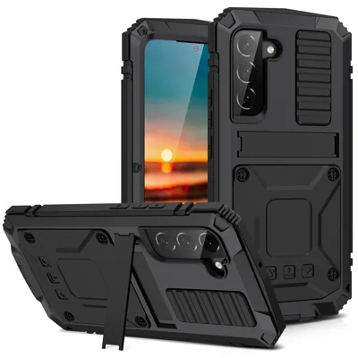 R-JUST for Samsung Galaxy S22 5G Waterproof Drop-Proof Case Kickstand Back Cover with Tempered Glass - Black