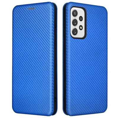 Carbon Fiber Texture Card Holder Phone Case Foldable Stand PU Leather Cover for Samsung Galaxy A73 5G - Blue