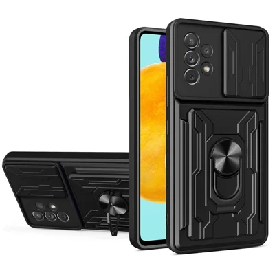 Kickstand Camera Cover Slide Anti-Scratch Protective Hard PC Soft TPU Case with Card Holder Slot for Samsung Galaxy A53 5G - Black