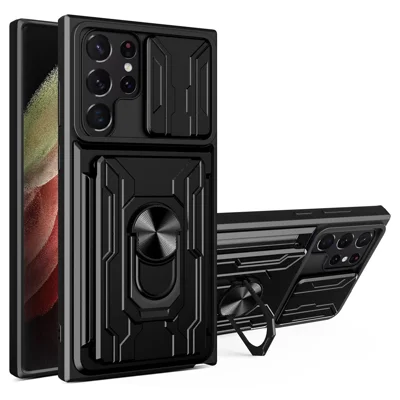 Voor Samsung Galaxy S22 Ultra 5G Hoesje met Kaarthouder, Ringstandaard en Schuifbare Cameraafdekking, Hybride Behuizing van PC + TPU - Zwart