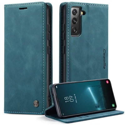 CASEME 013 Series for Samsung Galaxy S22 5G PU Leather Wallet Phone Case Stand Magnetic Absorption Card Holder Cover - Green