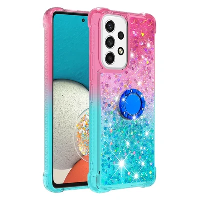 LE3-2 Series Dynamic Quicksand Kickstand TPU Cover Shell Glittering Sequins Quicksand Anti-Scratch Phone Protective Case for Samsung Galaxy A53 5G - Pink/Sky Blue