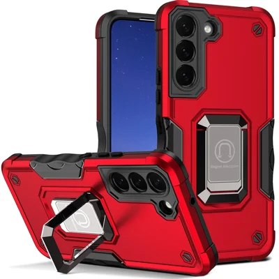 Dual-Layer Soft Flexible TPU Hard PC Cover Anti-Slip Protective Phone Case with Ring Car Mount Kickstand for Samsung Galaxy S22 5G - Red