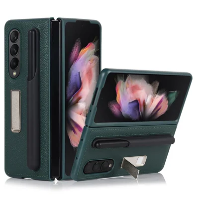 Palm Print Genuine Leather + PC Phone Case Kickstand Cover with Detachable Pen Slot for Samsung Galaxy Z Fold3 5G - Green