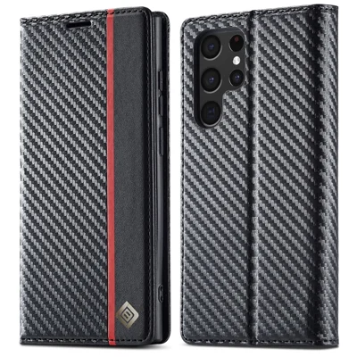 LC.IMEEKE PU Leather + TPU Folio Flip Cover Carbon Fiber Texture Wallet Stand Phone Case for Samsung Galaxy S22 Ultra 5G - Vertical Stripe