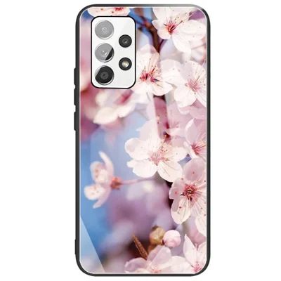 Pattern Printing Anti-Scratch Tempered Glass Back Soft TPU Frame Shock-Absorption Phone Case for Samsung Galaxy A53 5G - Peach Blossom