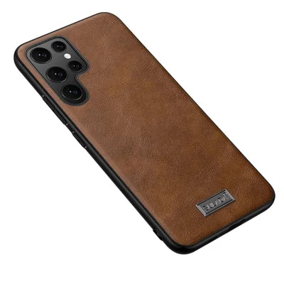 SULADA Fingerprint-proof Smart Phone Cover Drop-proof PU Leather Coated TPU + PC Phone Case for Samsung Galaxy S22 Ultra 5G - Brown