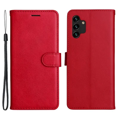 For Samsung Galaxy A13 4G Note 11 Pro+ 5G Case Solid Color Leather Mobile Cover Wallet Stand with Strap - Red