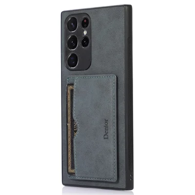 DENIOR For Samsung Galaxy S22 Ultra 5G Kickstand Card Holder Phone Case PU Leather Coated PC + TPU Cover - Dark Grey