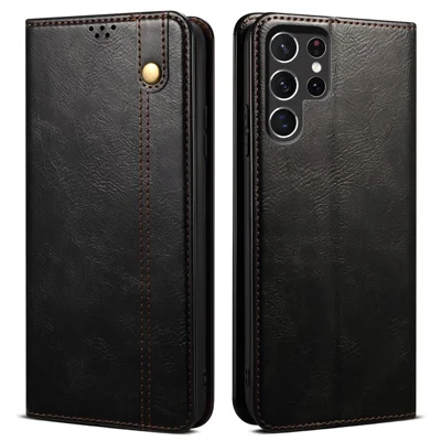 For Samsung Galaxy S22 Ultra 5G Crazy Horse Texture Anti-scratch Waxy PU Leather Magnetic Absorption Wallet Stand Phone Case Cover Shell - Black