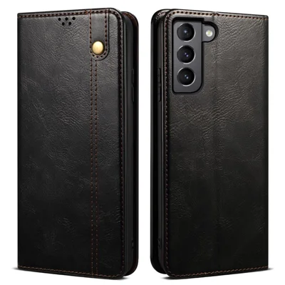For Samsung Galaxy S22 5G Crazy Horse Texture Waxy PU Leather Magnetic Absorption Wallet Stand Anti-drop Phone Case Cover Shell - Black