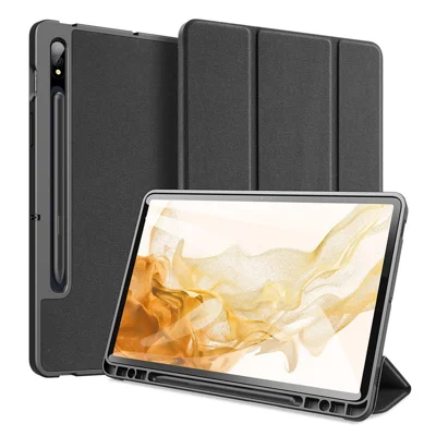 DUX DUCIS DOMO Serie PU-Leder Dreifach-Ständer-Hülle für Samsung Galaxy Tab S7 / Tab S8, Auto Sleep/Wake Vollschutz-Klappcase mit Stifthalter - Schwarz