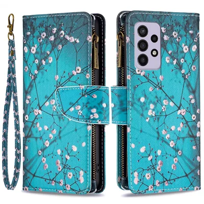 BF03 Zipper Wallet Case for Samsung Galaxy A33 5G, Pattern Printing PU Leather Stand Feature Flip Cover with Strap - Plum Blossom
