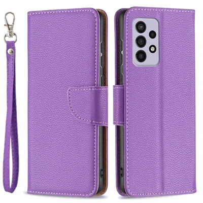 For Samsung Galaxy A33 5G Litchi Texture PU Leather Phone Case Wallet Solid Color Anti-fall Phone Cover with Strap - Purple