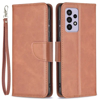 For Samsung Galaxy A33 5G Textured PU Leather Full Protective Wallet Stand Phone Cover with Strap - Brown