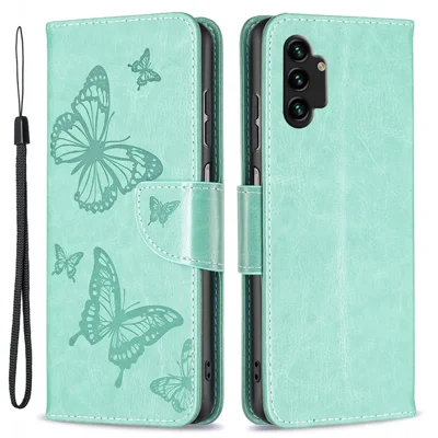 Für Samsung Galaxy A13 4G / A13 5G / A04 4G (164,4 mm) Schmetterling bedrucktes PU-Leder + TPU-Handyhülle mit Brieftasche, Ständer und Handschlaufe – Grün