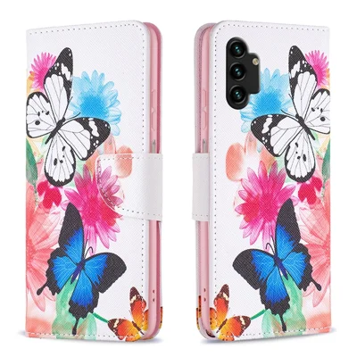 For Samsung Galaxy A13 4G / A13 5G / A04 4G (164.4 x 76.3 x 9.1 mm) Pattern Printing PU Leather Stand Cover Wallet Phone Case - Two Butterflies