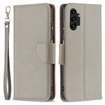 Für Samsung Galaxy A13 4G / A13 5G / A04 4G (164,4 x 76,3 x 9,1 mm) Magnetverschluss Leder-Optik-Handytasche aus PU-Leder mit Klettverschluss und Riemen – Grau